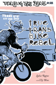 Cover of True Trans Bike Rebel, which features a genderfluid cat riding a bicycle in front of a van that has the title of the zine and various positive messages spray-painted onto it.